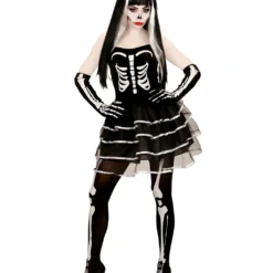 Skelett Minikleid Mit Handschuhen -Grusel Kostuem Welt skelett minikleid mit handschuhen skeleton mini dress with gloves skelett frauen kostuem 36605 03